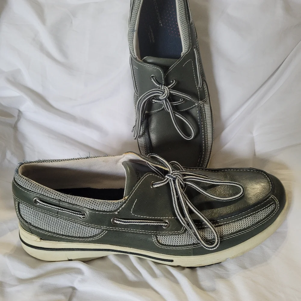 Rockport Men's Olive Green Leather & Gray Trim Boat Shoes 12